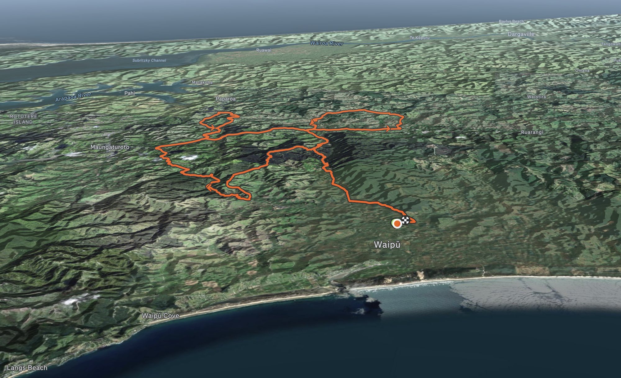 3D flyover of the Waipu Gravel Muster course from Waipu inland to Maungaturoto