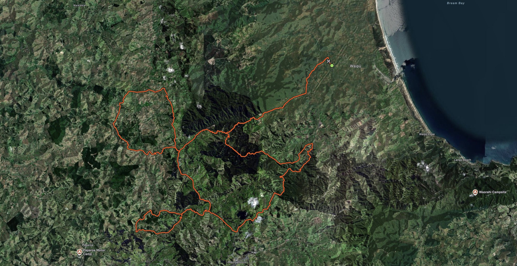 Satellite view of the full Gravel Muster course from Waipu to Maungaturoto