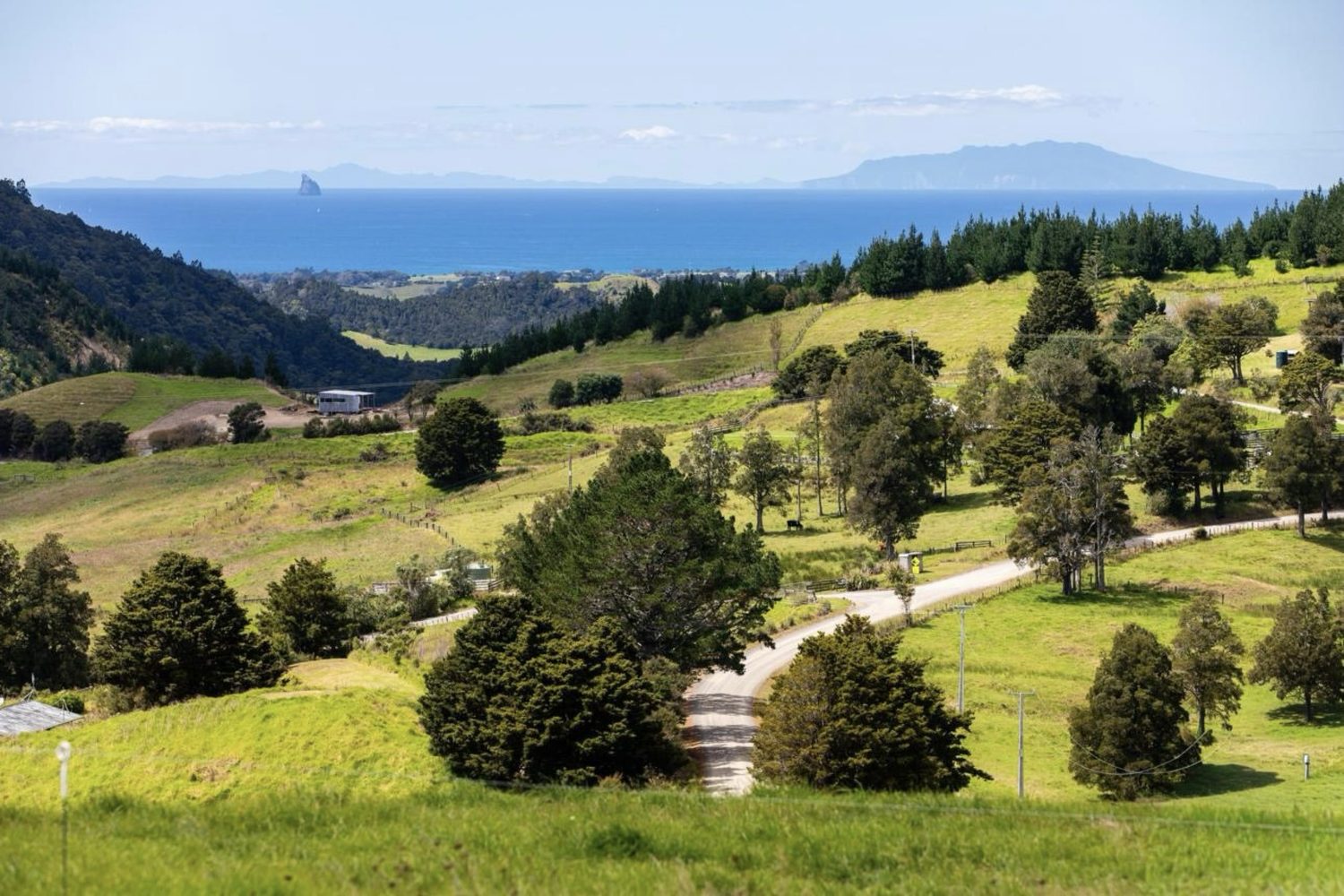 Gravel road winding through farmland above the coast